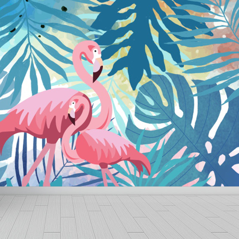 Illustration Flamingos and Leaves Mural for Living Room, Blue, Custom Size Available
