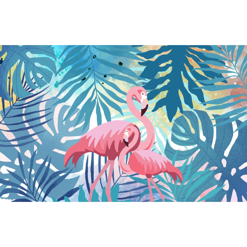 Illustration Flamingos and Leaves Mural for Living Room, Blue, Custom Size Available