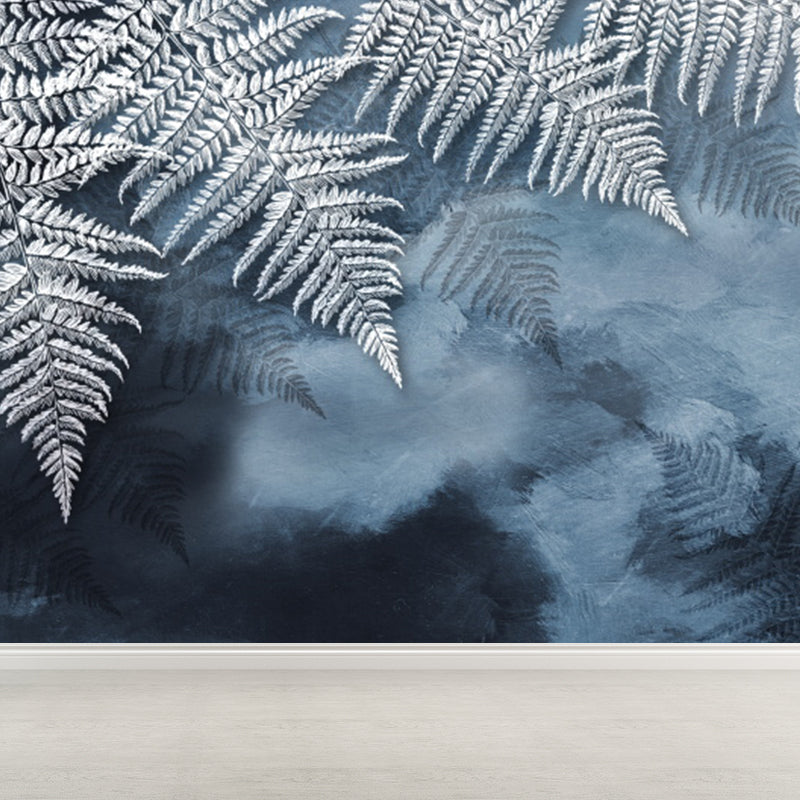 Huge Leaves Pattern Mural for Bedroom Botanical Wall Art in Gray Blue, Stain Resistant