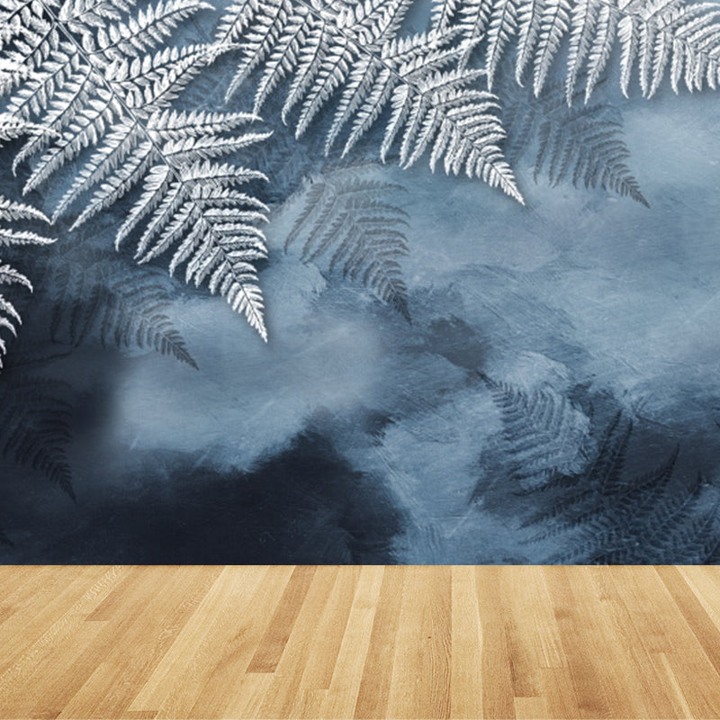 Huge Leaves Pattern Mural for Bedroom Botanical Wall Art in Gray Blue, Stain Resistant
