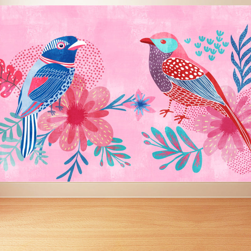 Tropical Teenagers Mural Wallpaper Nature Bird Twins and Leaves Pink Wall Covering