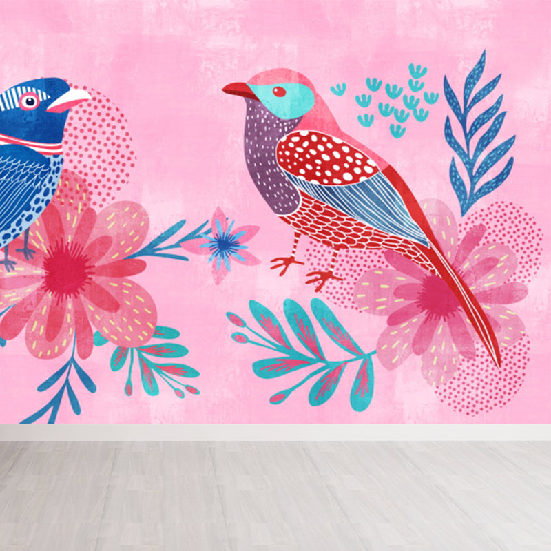 Tropical Teenagers Mural Wallpaper Nature Bird Twins and Leaves Pink Wall Covering