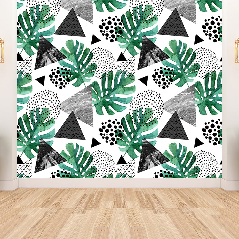 Tropical Leaves Mural Decal Green Living Room Wall Covering, Custom Size Available