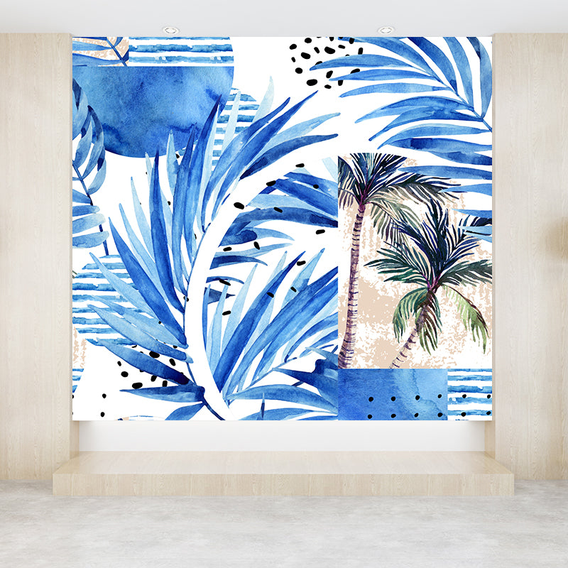 Green Leaves Pattern Mural Wallpaper Stain Resistant Tropical Dining Room Wall Covering