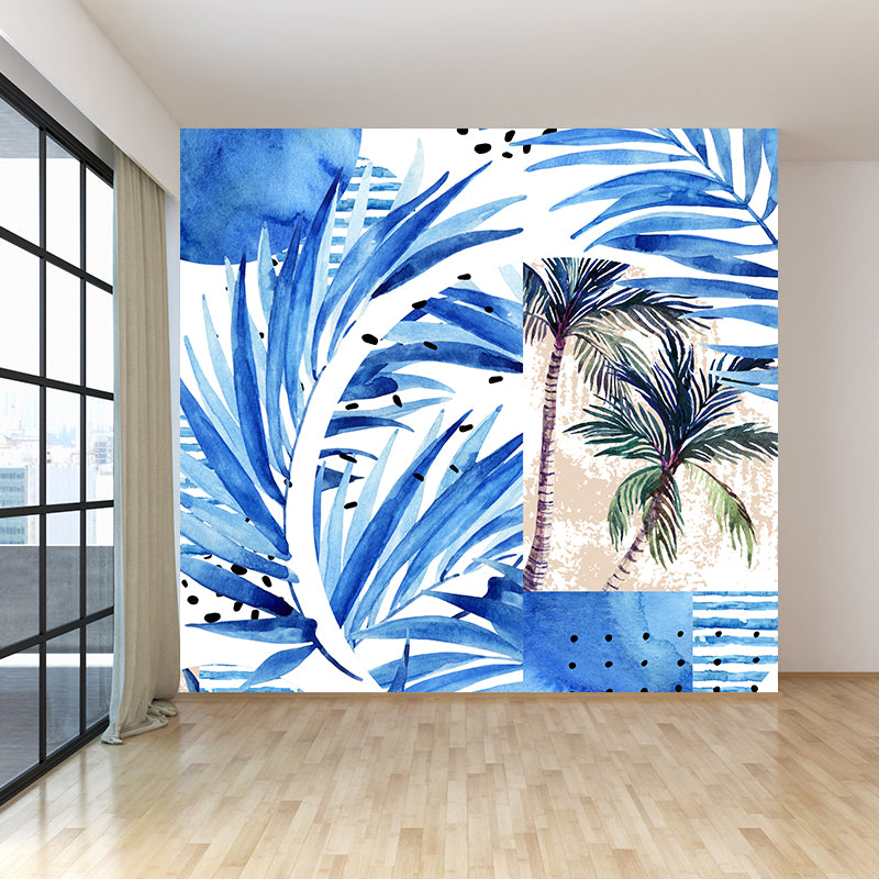 Green Leaves Pattern Mural Wallpaper Stain Resistant Tropical Dining Room Wall Covering