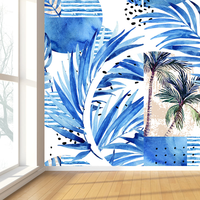 Green Leaves Pattern Mural Wallpaper Stain Resistant Tropical Dining Room Wall Covering