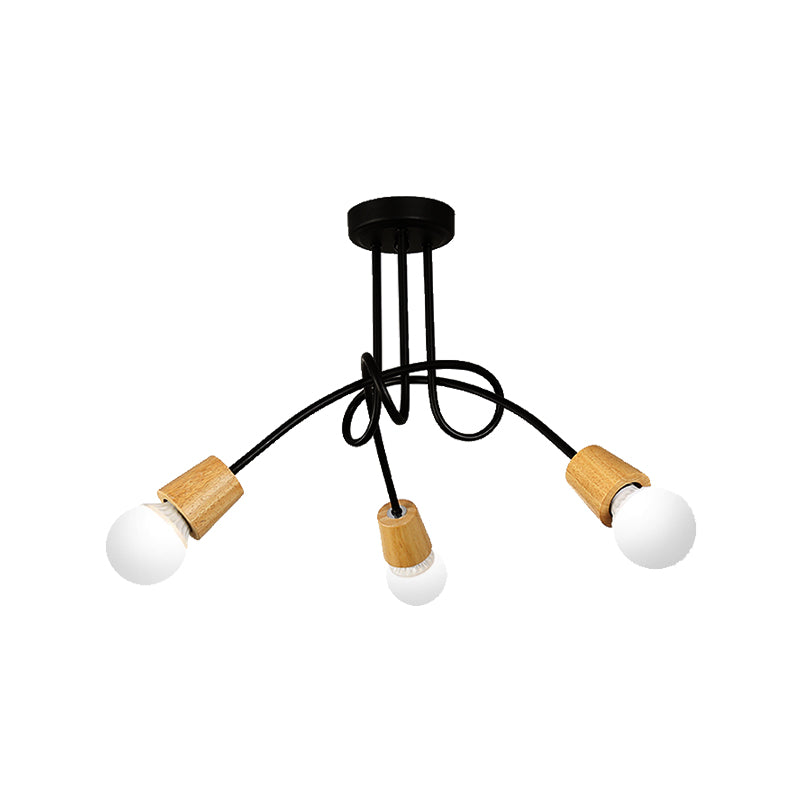 Metal Open Bulb Ceiling Light Fixture with Twisted Arm Loft Style 3/5 Lights Kitchen Semi Flush Pendentif Light in Wood
