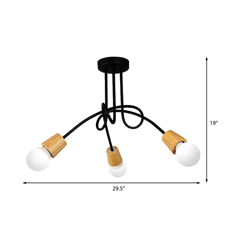 Metal Open Bulb Ceiling Light Fixture with Twisted Arm Loft Style 3/5 Lights Kitchen Semi Flush Pendentif Light in Wood