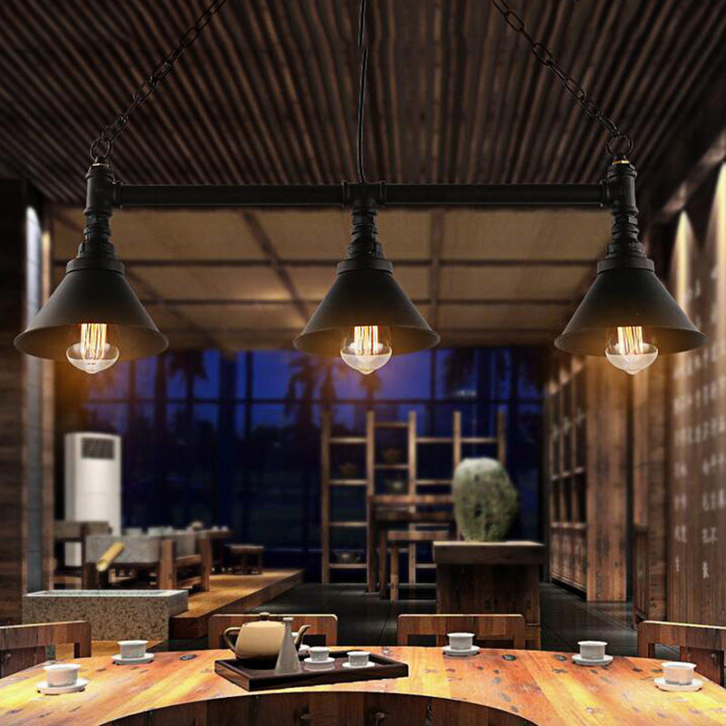 Metallic Piped Island Pendant Lamp with Cone Shade Antique Style 3 Heads Kitchen Island Light Fixture