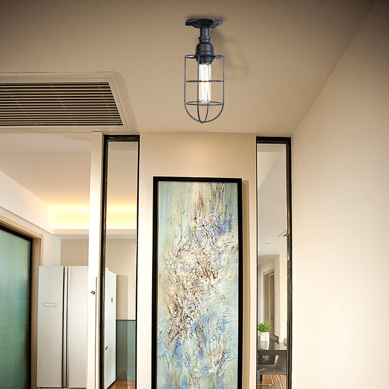 Black / Bronze 1 Bulb Semi-Flush Mount Light Vintage Metal Wire Guard Ceiling Mounted Light for Corridor