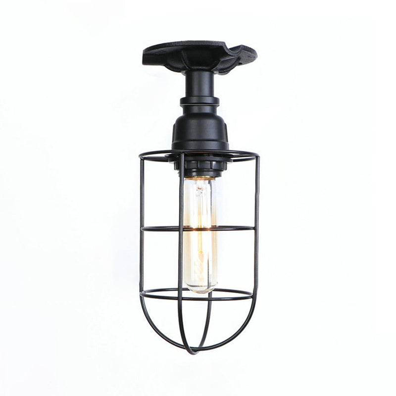 Black / Bronze 1 Bulb Semi-Flush Mount Light Vintage Metal Wire Guard Ceiling Mounted Light for Corridor