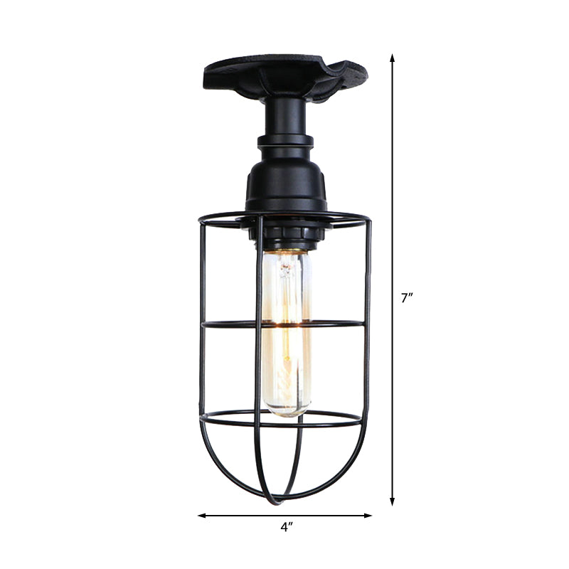 Black / Bronze 1 Bulb Semi-Flush Mount Light Vintage Metal Wire Guard Ceiling Mounted Light for Corridor