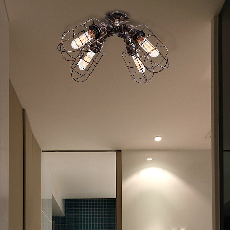 Plafonnier semi-encastré pour chambre à coucher en cage, fer industriel rustique, 4 ampoules, plafonnier en Bronze/argent vieilli avec Design de tuyau