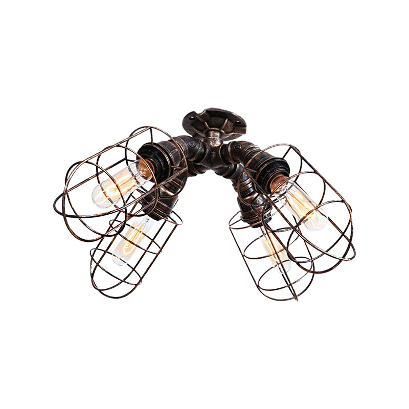 Plafonnier semi-encastré pour chambre à coucher en cage, fer industriel rustique, 4 ampoules, plafonnier en Bronze/argent vieilli avec Design de tuyau