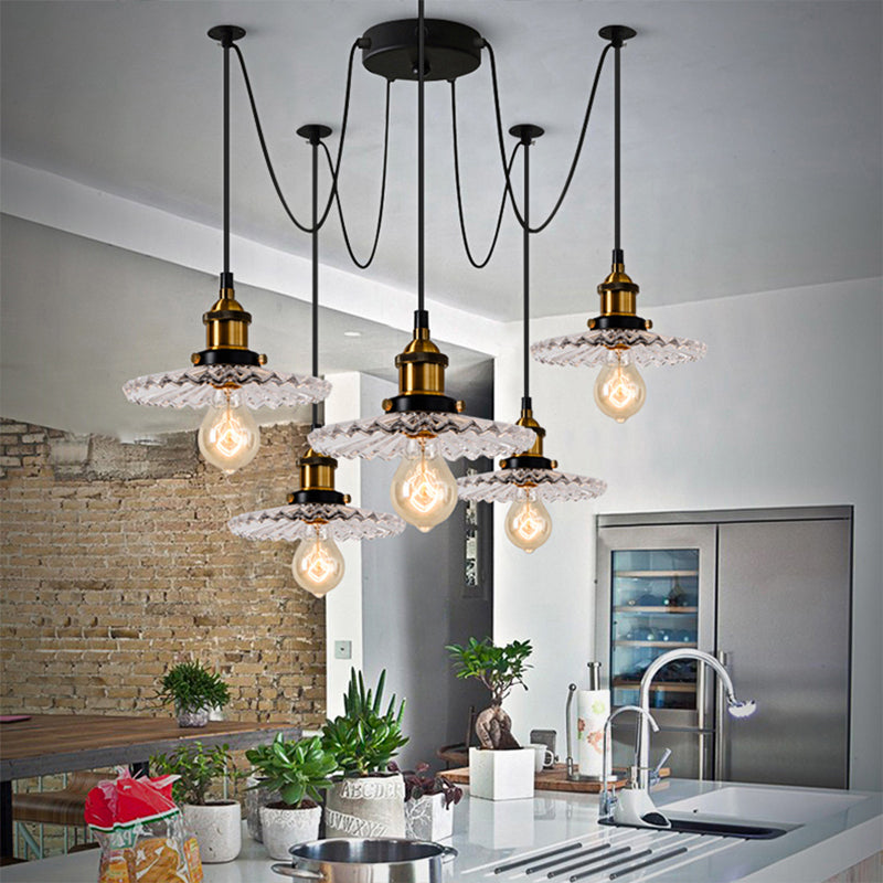 3/5-Light Multi Pendant with Radial Wave Shade Ribbed Glass Vintage Dining Room Hanging Light Fixture