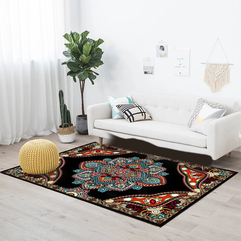 Mediterranean Moroccan Rug in Red and Black Medallion Floral Pattern Rug Polyester Anti-Slip Carpet for Home Decoration
