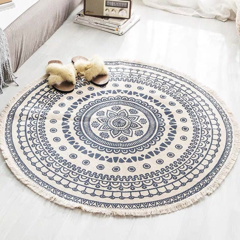 White Southwestern Rug Linen Floral and Concentric Circles Pattern Rug Washable Carpet for Living Room