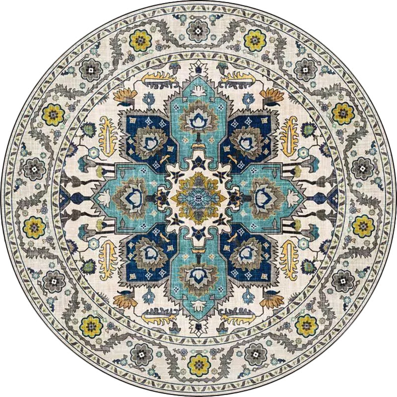 Classic Medallion Pattern Rug with Floral Blue and Red Tribal Rug Polyester Washable Anti-Slip Backing Area Rug for Living Room