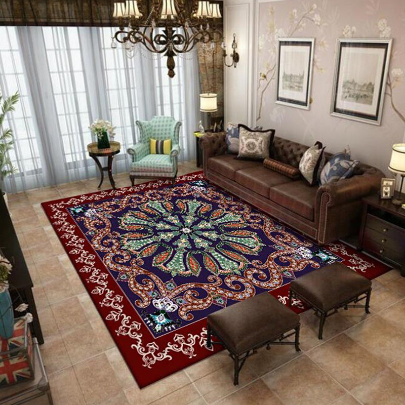 Moroccan Living Room Rug in Red and Blue Medallion Motif Flower Print Rug Polyester Non-Slip Area Rug