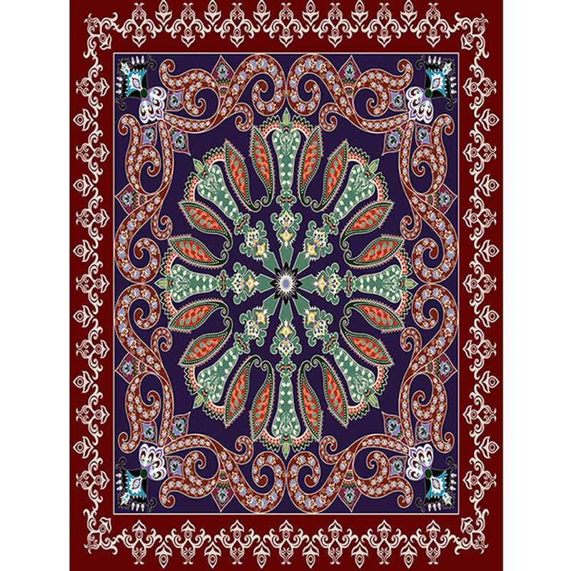 Moroccan Living Room Rug in Red and Blue Medallion Motif Flower Print Rug Polyester Non-Slip Area Rug
