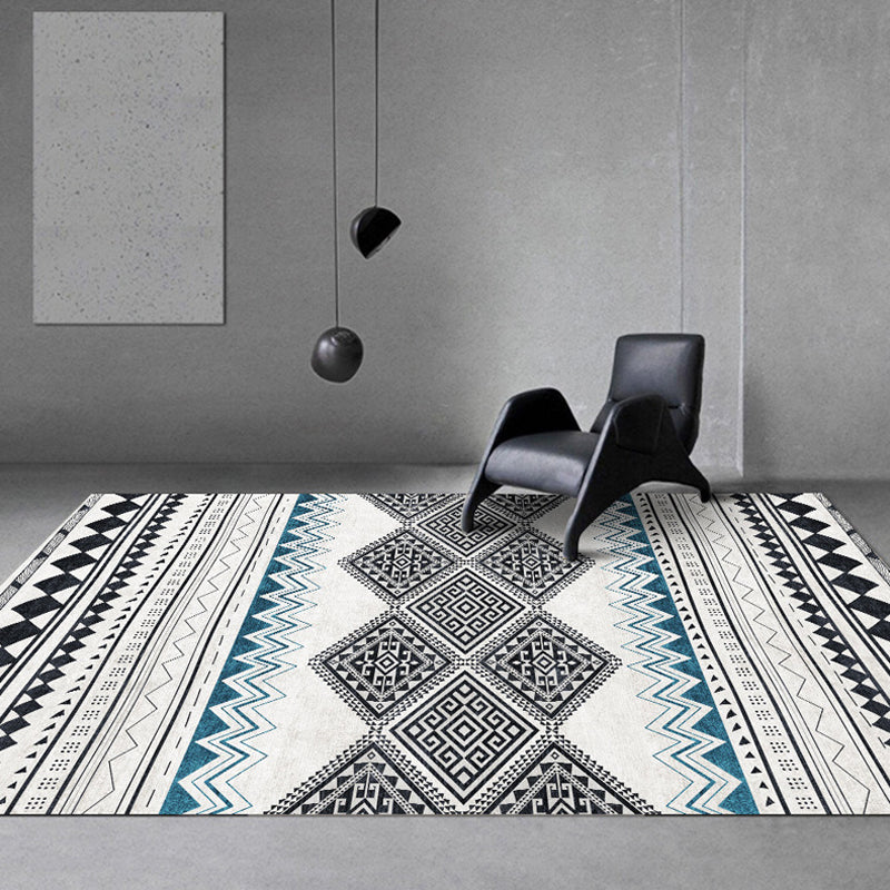 Vintage Southwestern Geometric Pattern Rug White Tribal Rug Polyester Washable Anti-Slip Backing Area Rug for Living Room