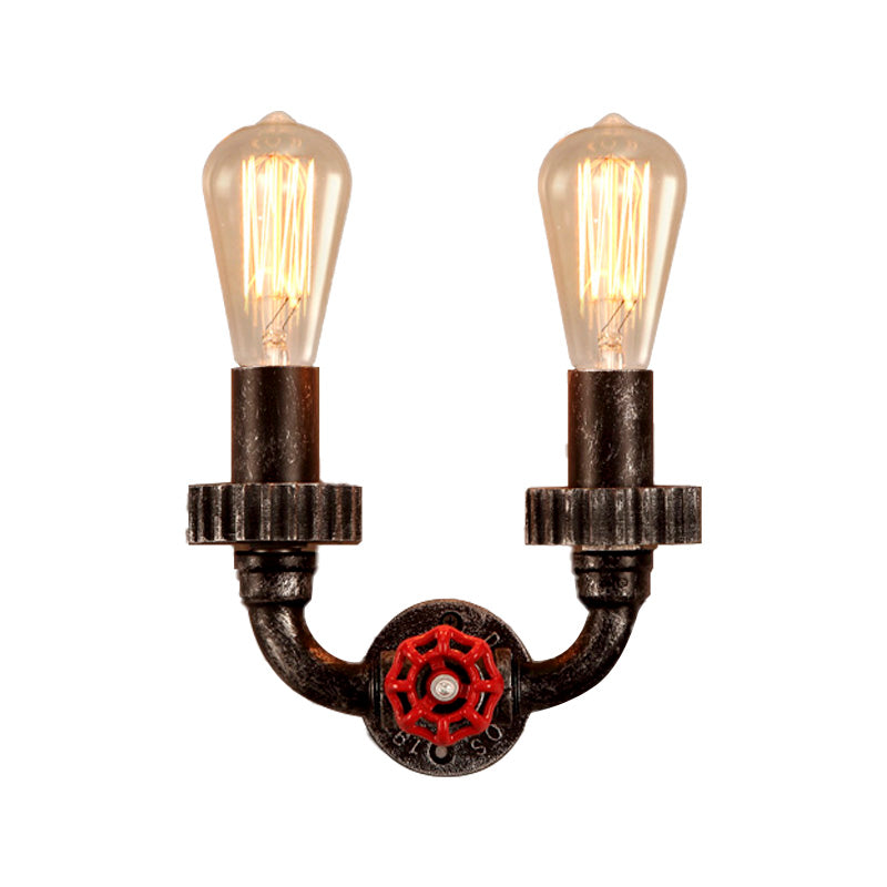 2 luces Luz de matriz de pared Vintage Iluminación de pared de hierro desnudo industrial con válvula de grifo rojo en óxido oscuro