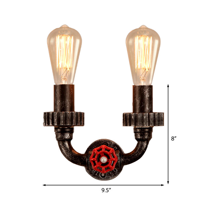 2 luces Luz de matriz de pared Vintage Iluminación de pared de hierro desnudo industrial con válvula de grifo rojo en óxido oscuro