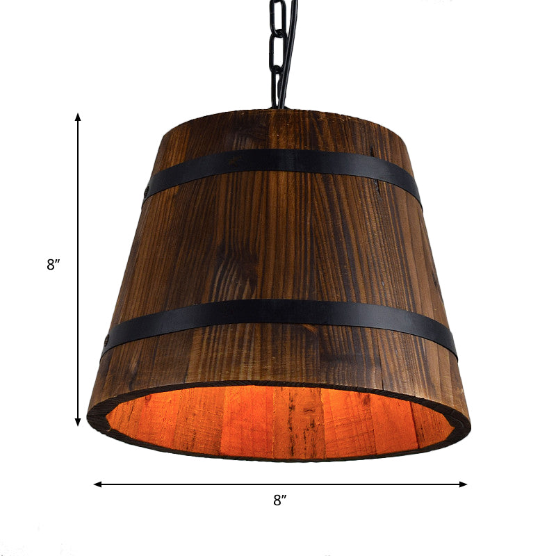 Wood Bucket Hanging Light Single Head Retro Suspension Lamp in Brown for Restaurant