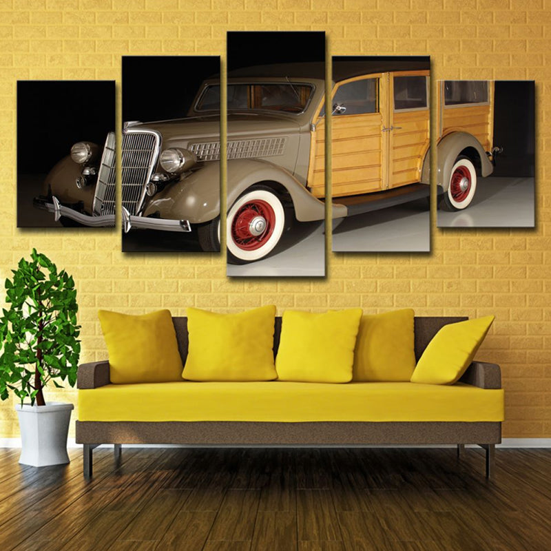 Gelber Ford-Oldtimer-Leinwand-Mehrteiler, zeitgenössische Wohnzimmer-Wandkunst-Dekoration