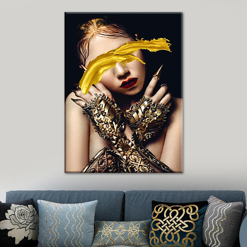 Woman Canvas Art Print Textured Surface Glam Living Room Wall Decor in Dark Color