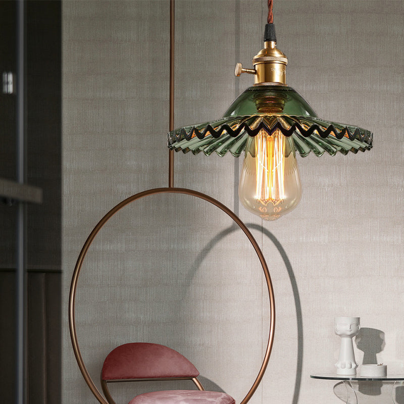 Scalloped Prismatic Glass Pendant Lighting Industrial One Light Dining Room Hanging Lamp in Green