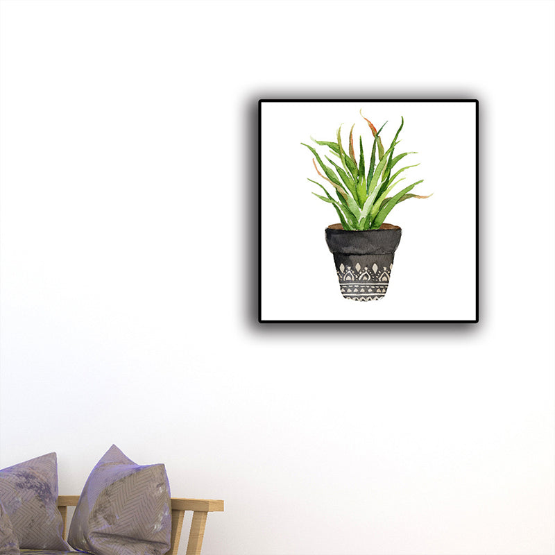 Rustic Aloe Vera Canvas Art Green Potted Plant Painting Wall Decor for Sitting Room