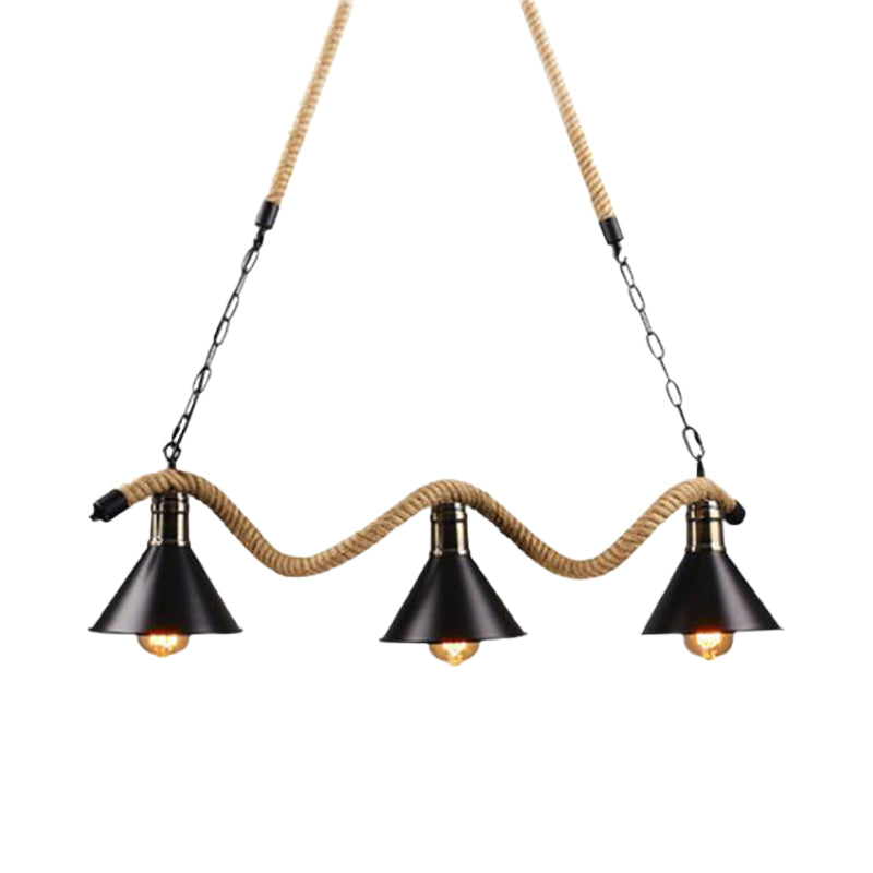 Farmhouse Style Conic Island Lamp 3/5 Bulbs Metal and Rope Pendant Light with Wavy Design in Black