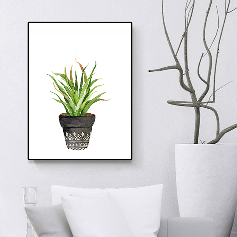 Rustic Aloe Vera Canvas Art Green Potted Plant Painting Wall Decor for Sitting Room