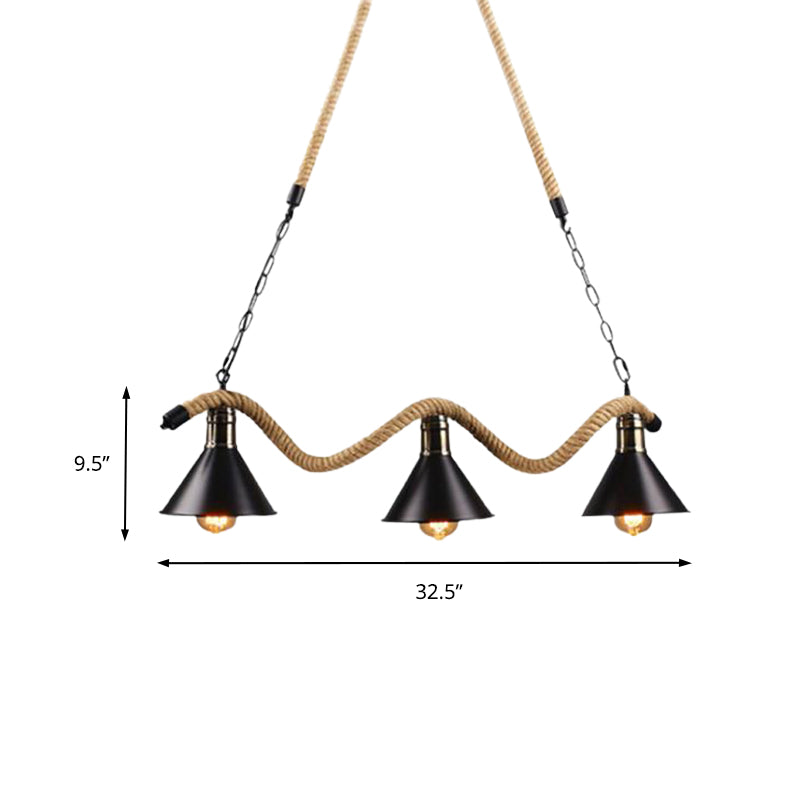 Farmhouse Style Conic Island Lamp 3/5 Bulbs Metal and Rope Pendant Light with Wavy Design in Black
