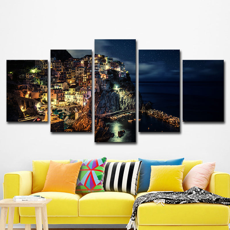 Cinque Terre Night View Canvas Black Glam Wall Art Print for Sitting Room, Multi-Piece