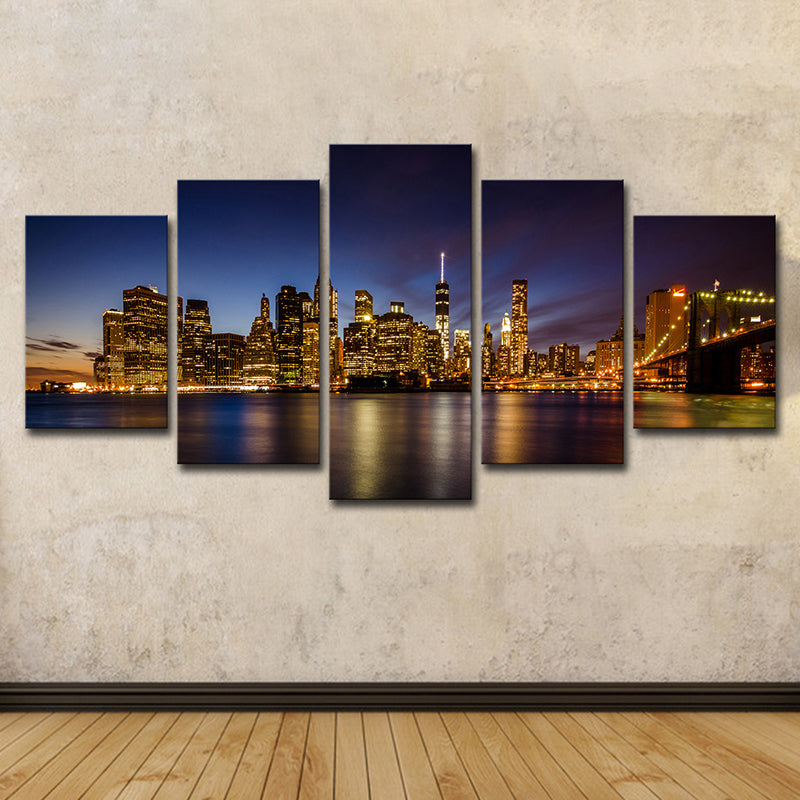 Brooklyn Bridge Wall Art Decor for Home Night Cityscape Canvas in Black, Multi-Piece