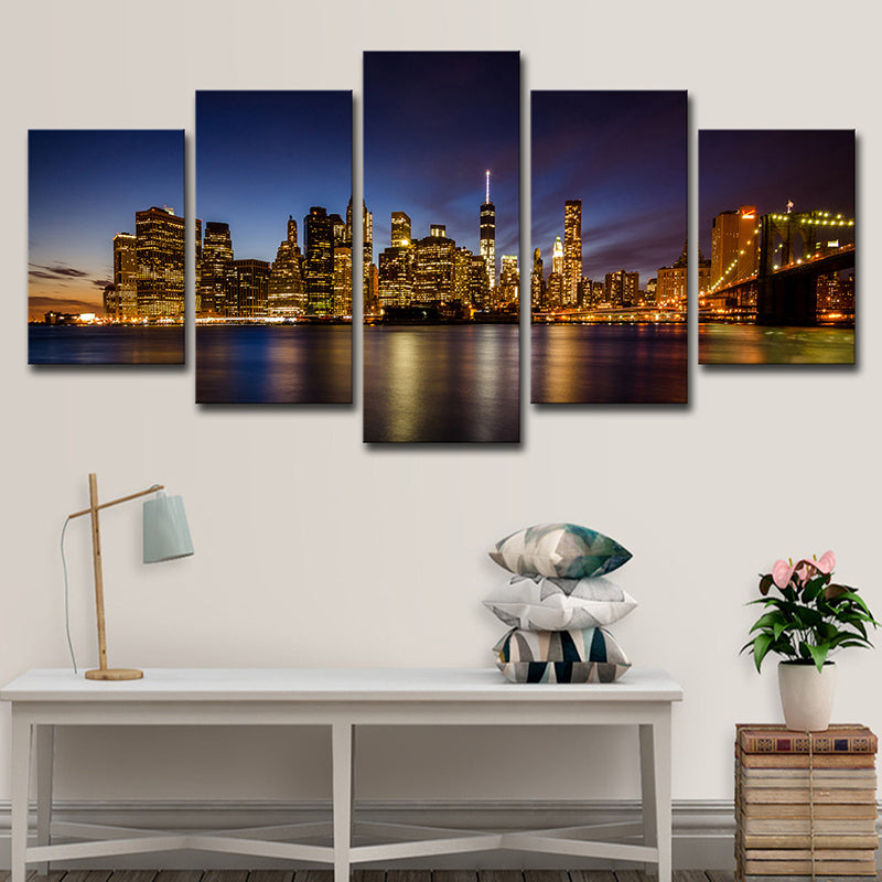 Brooklyn Bridge Wall Art Decor for Home Night Cityscape Canvas in Black, Multi-Piece