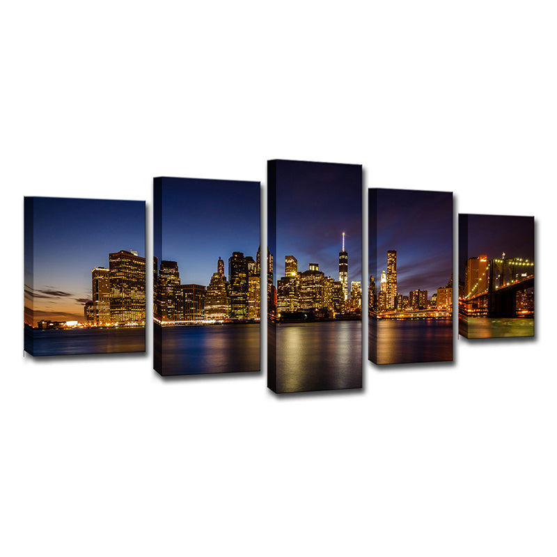 Brooklyn Bridge Wall Art Decor for Home Night Cityscape Canvas in Black, Multi-Piece