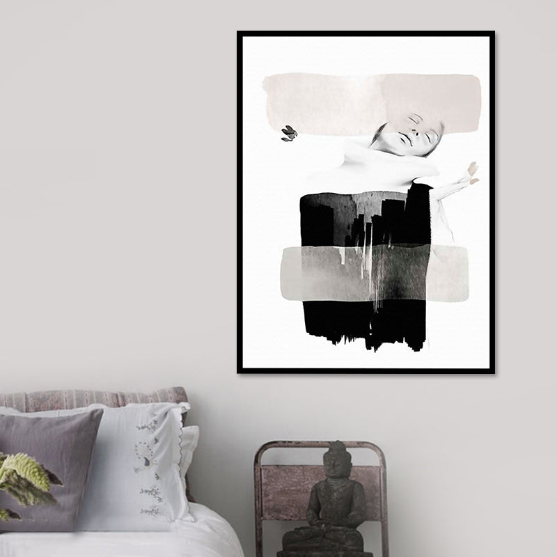 Minimalismus-Wandkunst mit Frauengesicht, strukturierte Leinwand in dunklen Farben, Wanddekoration für den Flur