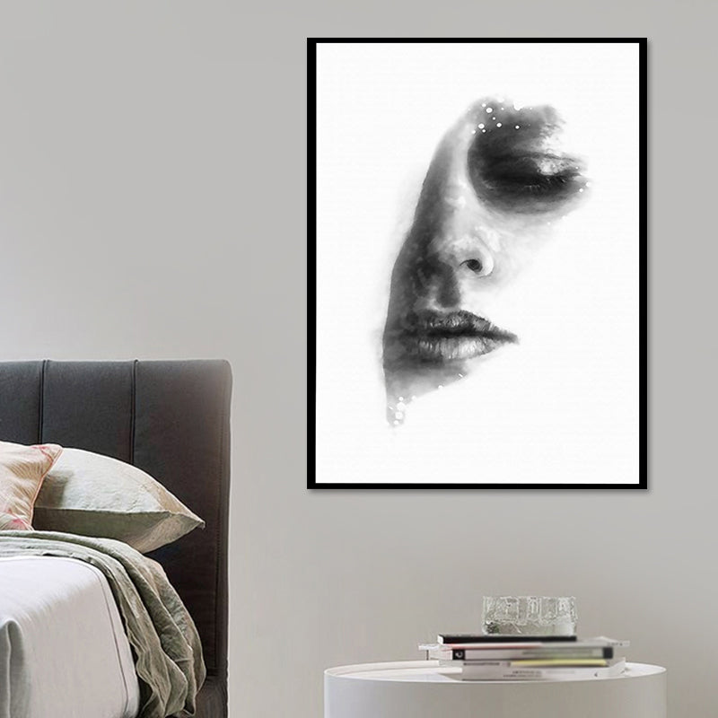 Minimalismus-Wandkunst mit Frauengesicht, strukturierte Leinwand in dunklen Farben, Wanddekoration für den Flur