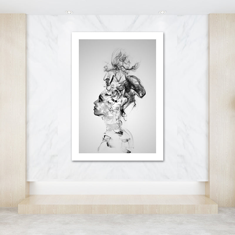 Grey Smoke Wall Art Woman Shape Modernism Textured Canvas Print for Bedroom