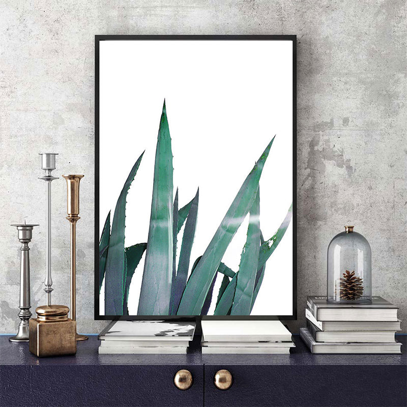 Country Aloe Leaves Wall Art Green and White Textured Canvas Print for Dining Room