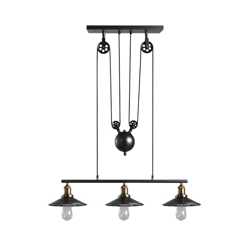 Saucer Foyer Island Lighting Style industriel Metal 3 lumières Black suspension de plafond avec poulie