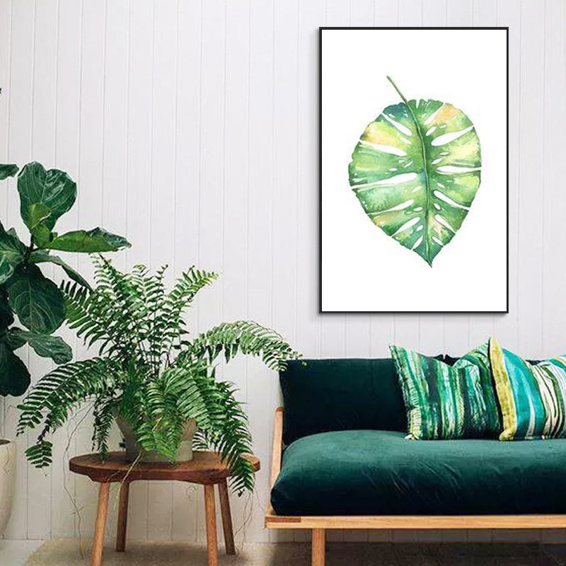 Textured Leaf Painting Wall Decor Rustic Canvas Art Print in Green for Living Room