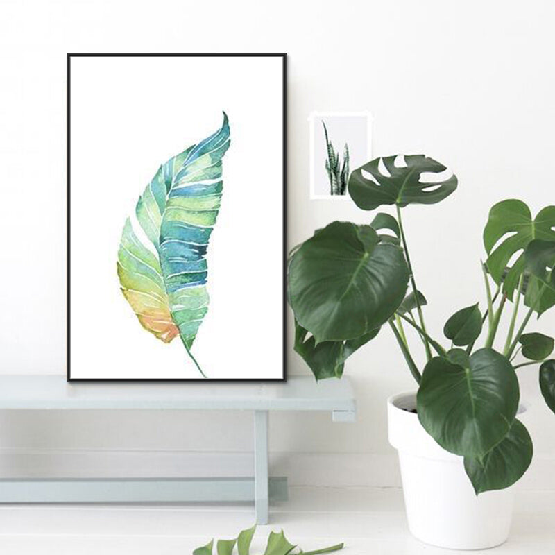 Textured Leaf Painting Wall Decor Rustic Canvas Art Print in Green for Living Room