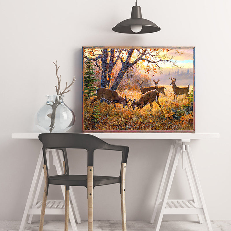Decoración de pared de paisaje de tierra salvaje dorada con estampado artístico de lucha de ciervos de granja para comedor