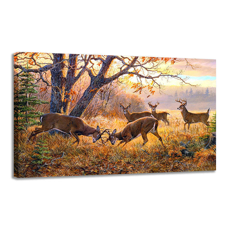 Decoración de pared de paisaje de tierra salvaje dorada con estampado artístico de lucha de ciervos de granja para comedor