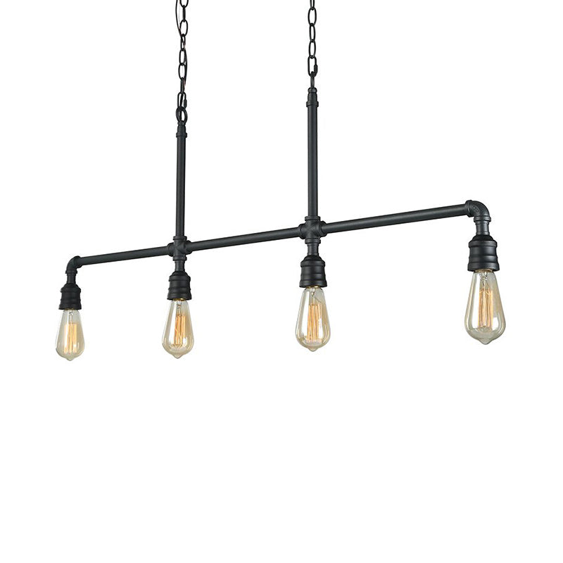 Black 4-Head Island Lighting Rustic Style Metal Linear Piped Hanging Lighting for Living Room