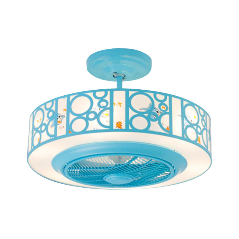 Drum Metal Fan Light Kids LED Pink / Blue 3 Blades Semi Flush Mount Lighting for Nursery, 23,5 "de long